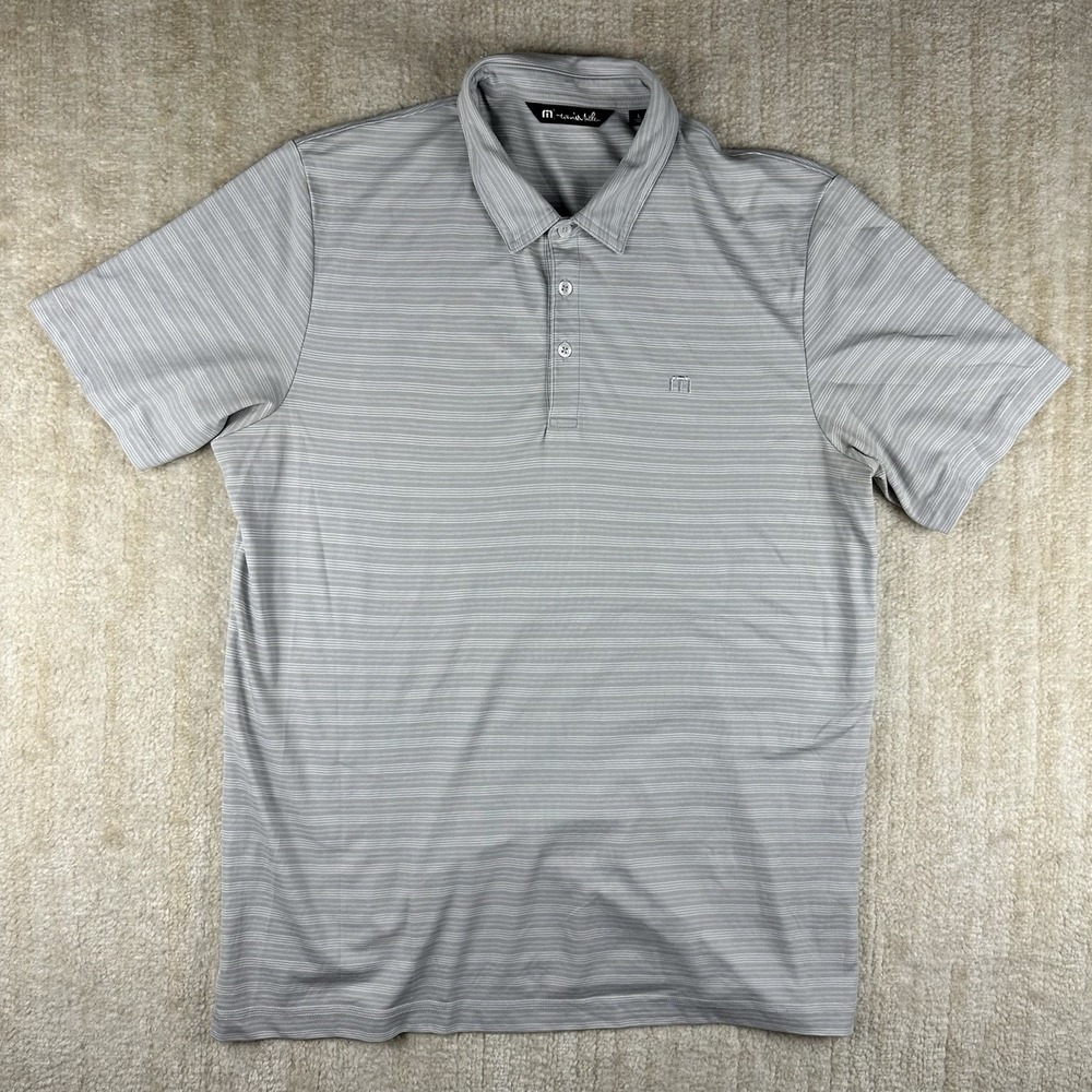 Travis Mathew Mens Polo Shirt Large Light Gray Golf Striped Short Sleeve Stretch - Picture 2 of 5